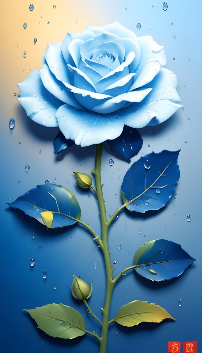A Large Blue Rose With Delicate Petals Against A Dark Blue Background With Water Droplets The Rose Has Green Leaves And Stems 94 Ea18