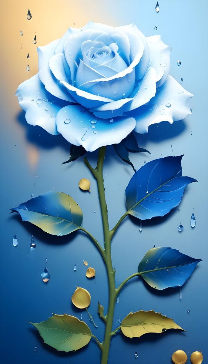 A Large Blue Rose With Delicate Petals Against A Dark Blue Background With Water Droplets The Rose Has Green Leaves And Stems 95 Bff9