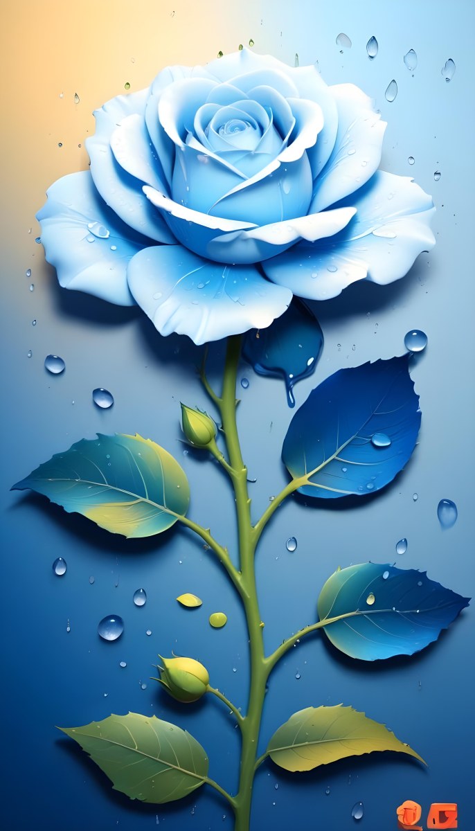 A Large Blue Rose With Delicate Petals Against A Dark Blue Background With Water Droplets The Rose Has Green Leaves And Stems 96 8a9b
