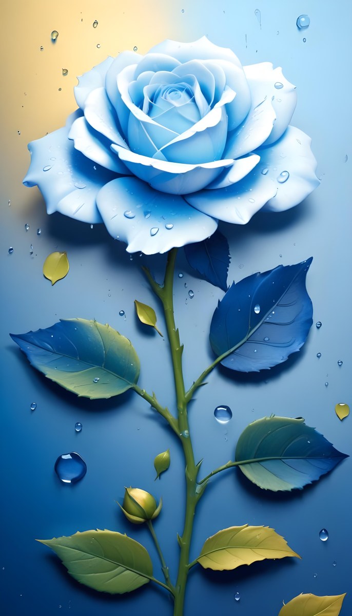 A Large Blue Rose With Delicate Petals Against A Dark Blue Background With Water Droplets The Rose Has Green Leaves And Stems 97 B48f
