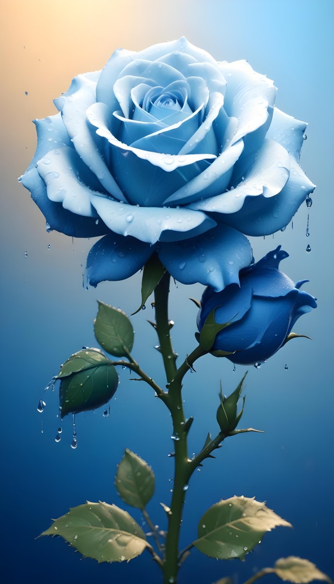 A Large Blue Rose With Delicate Petals Against A Dark Blue Background With Water Droplets The Rose Has Green Leaves And Stems 98 B140