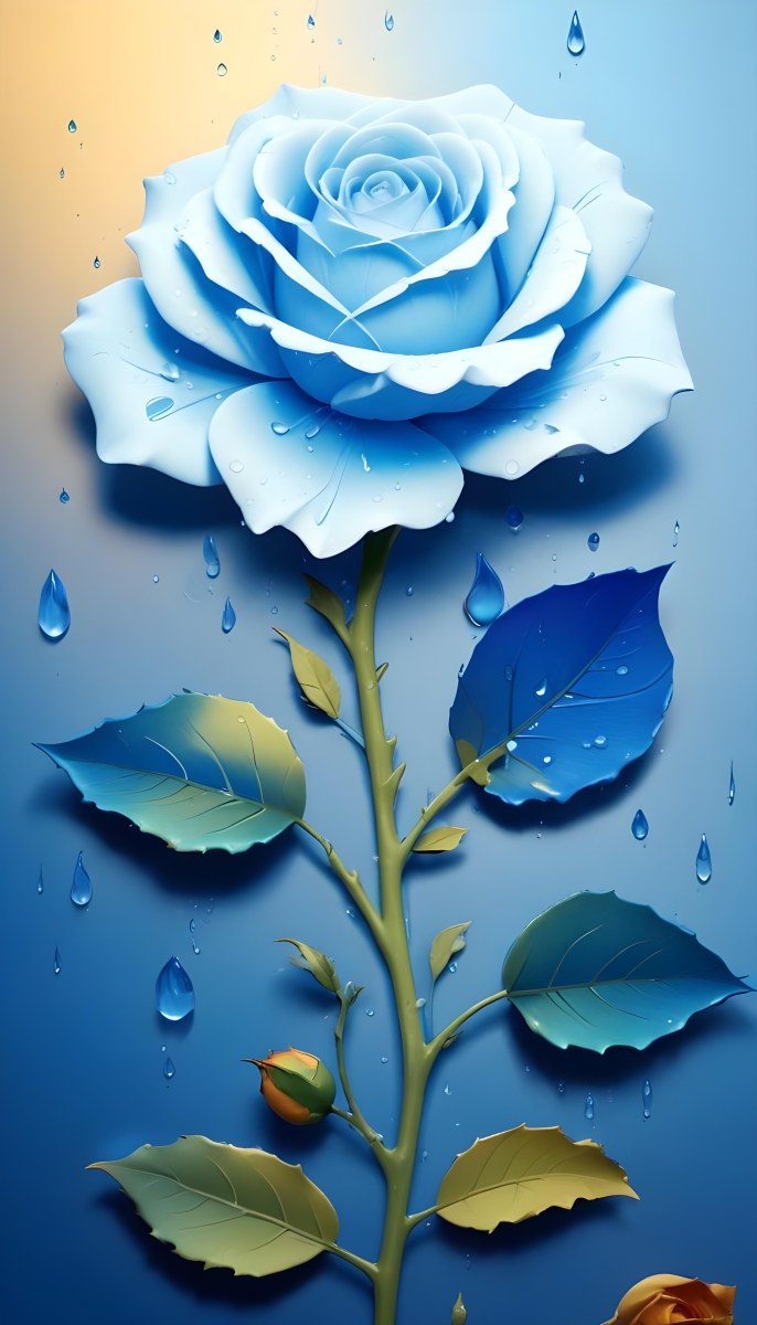 A Large Blue Rose With Delicate Petals Against A Dark Blue Background With Water Droplets The Rose Has Green Leaves And Stems 99 2bae