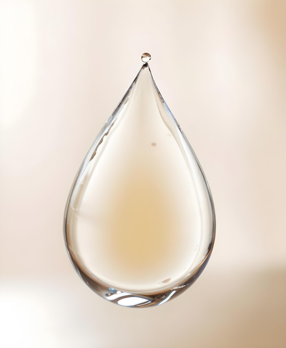 A Large Clear Glass Teardrop Shaped Object Filled With A Golden Liquid 1 5fcc