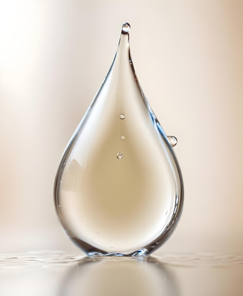 A Large Clear Glass Teardrop Shaped Object Filled With A Golden Liquid 15 E523