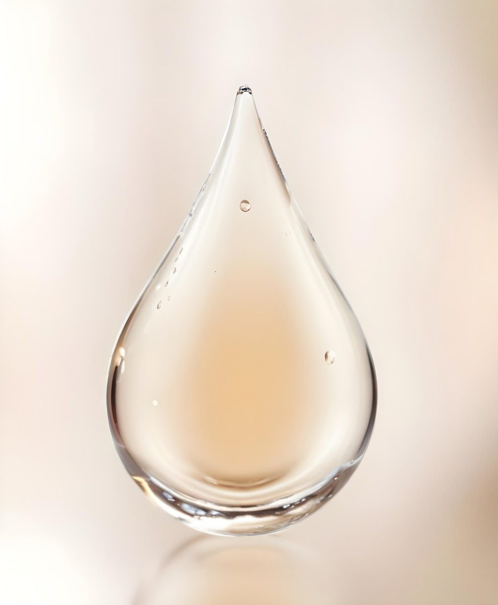 A Large Clear Glass Teardrop Shaped Object Filled With A Golden Liquid 8 Ab4c