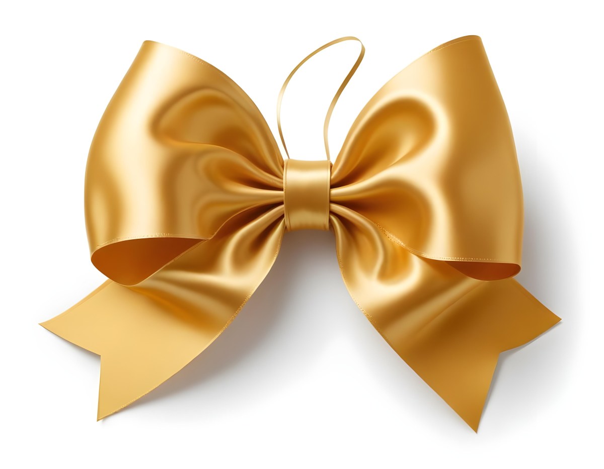 A Large Shiny Golden Bow Made Of Satin Against A Plain White Background 2 9d19