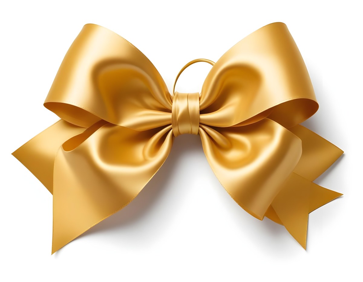 A Large Shiny Golden Bow Made Of Satin Against A Plain White Background 22 8a8f