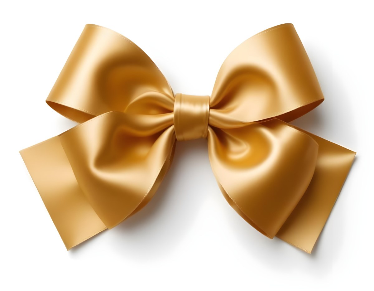 A Large Shiny Golden Bow Made Of Satin Against A Plain White Background 35 51d5