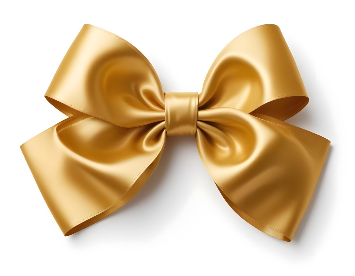 A Large Shiny Golden Bow Made Of Satin Against A Plain White Background 36 7607