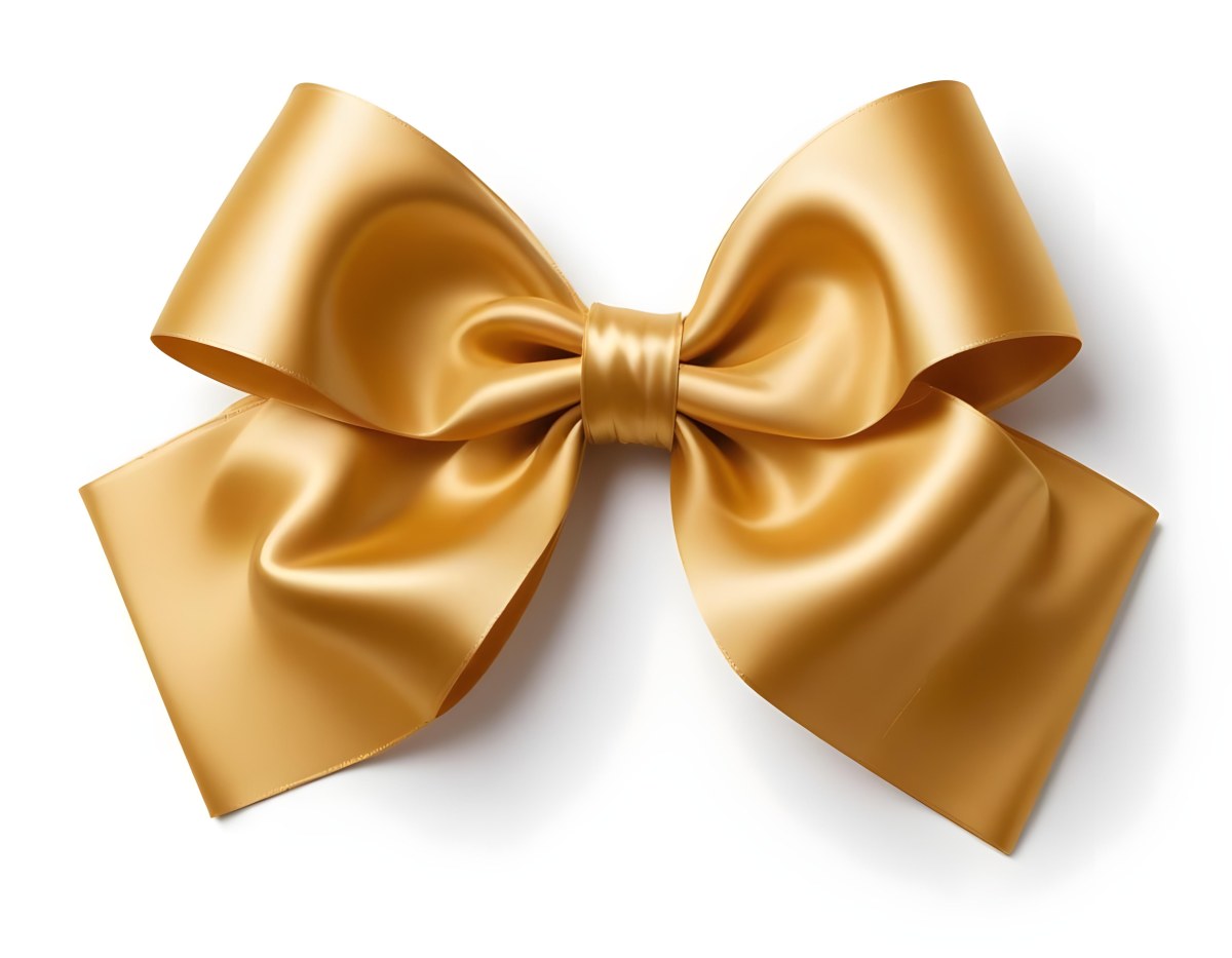 A Large Shiny Golden Bow Made Of Satin Against A Plain White Background 38 54e4