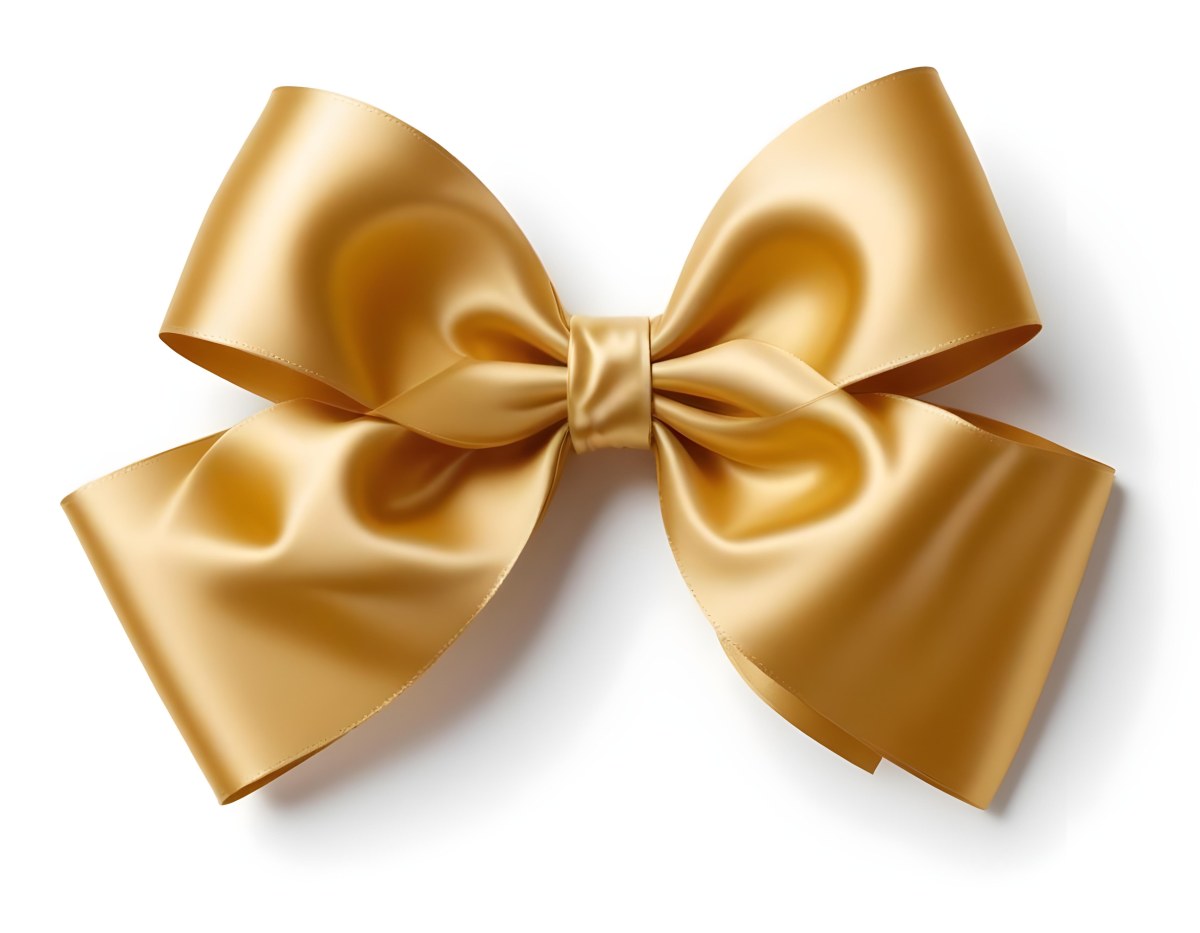 A Large Shiny Golden Bow Made Of Satin Against A Plain White Background 39 9add