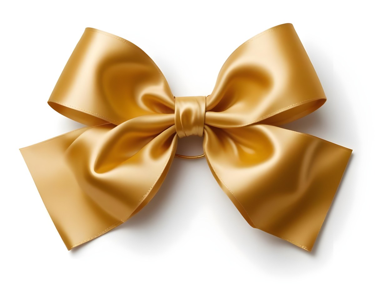 A Large Shiny Golden Bow Made Of Satin Against A Plain White Background 40 C556