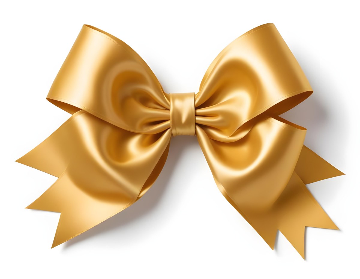 A Large Shiny Golden Bow Made Of Satin Against A Plain White Background 5 Babc
