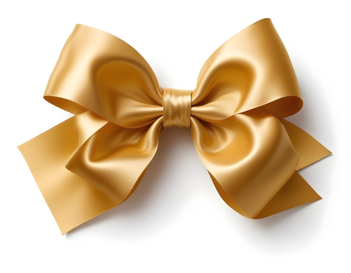 A Large Shiny Golden Bow Made Of Satin Against A Plain White Background 6 A844