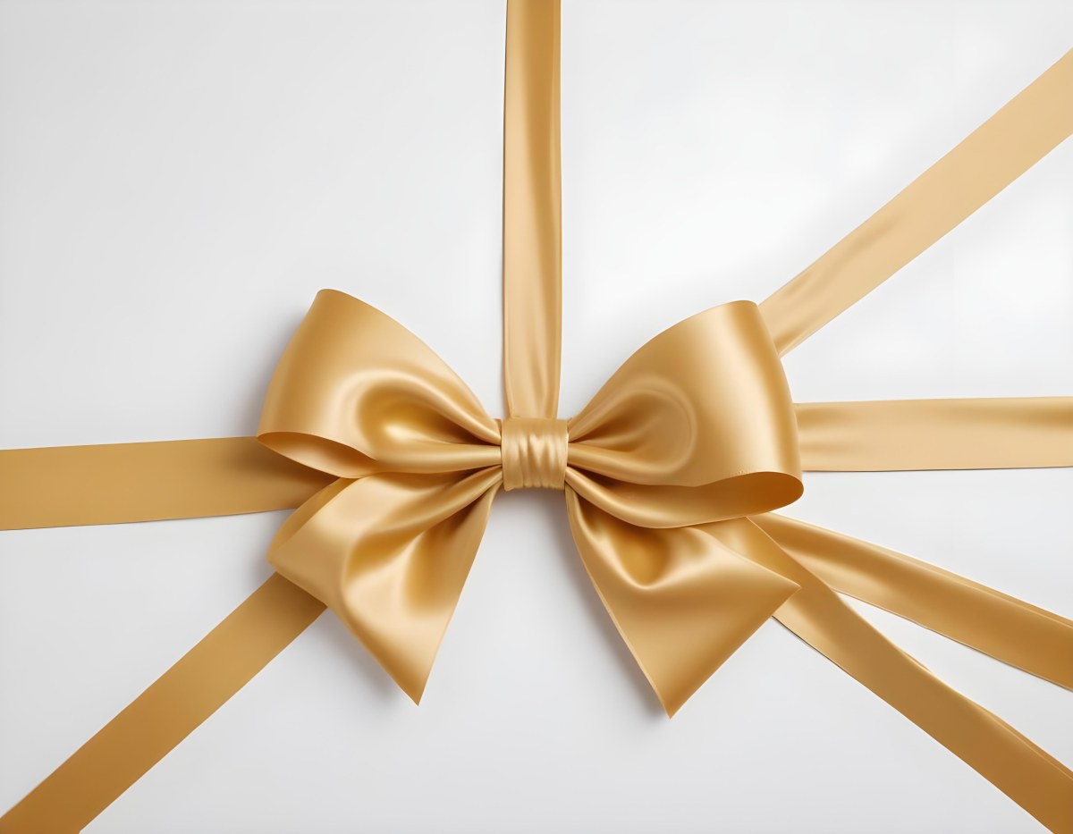 A Large Shiny Golden Bow Made Of Satin Against A Plain White Background 8 2bbb