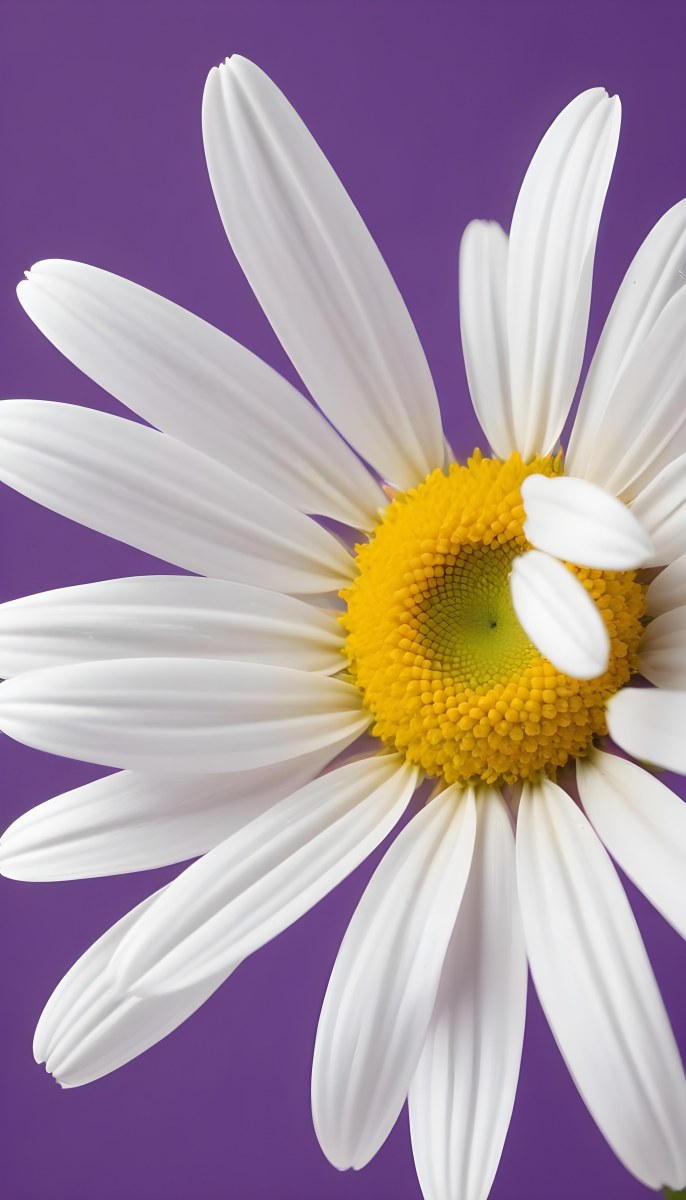 A Large White Daisy Flower With Yellow Center On A Purple Background 4 D3de