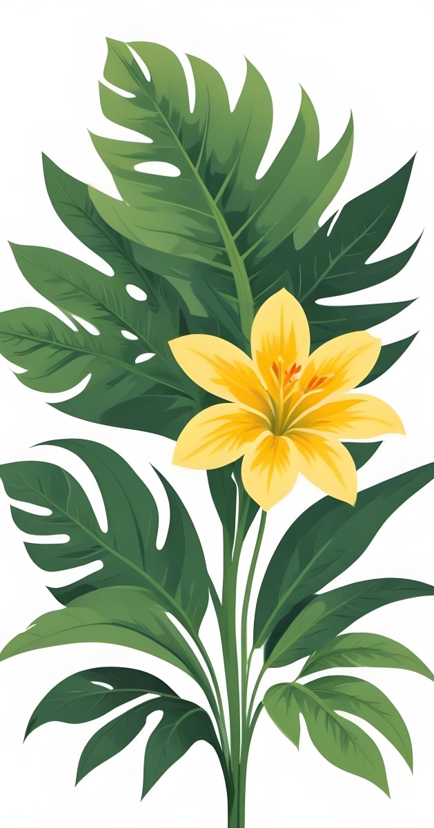 A Large Yellow And Green Flower With Long Green Leaves Likely A Tulip Or Similar Flower The Flower Has A Vibrant Detailed Appearance With Intricate Petals And A Prominent Center The Background 232 27d6