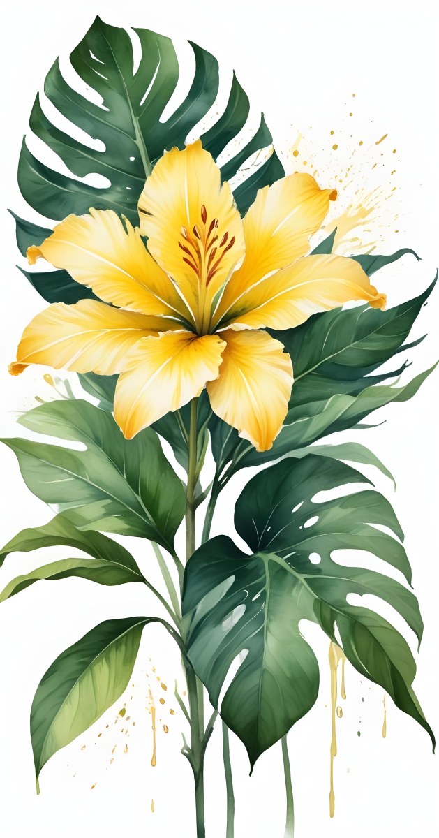 A Large Yellow And Green Flower With Long Green Leaves Likely A Tulip Or Similar Flower The Flower Has A Vibrant Detailed Appearance With Intricate Petals And A Prominent Center The Background 338 311b