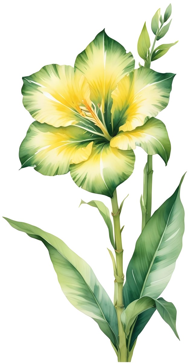A Large Yellow And Green Flower With Long Green Leaves Likely A Tulip Or Similar Flower The Flower Has A Vibrant Detailed Appearance With Intricate Petals And A Prominent Center The Background 341 C610