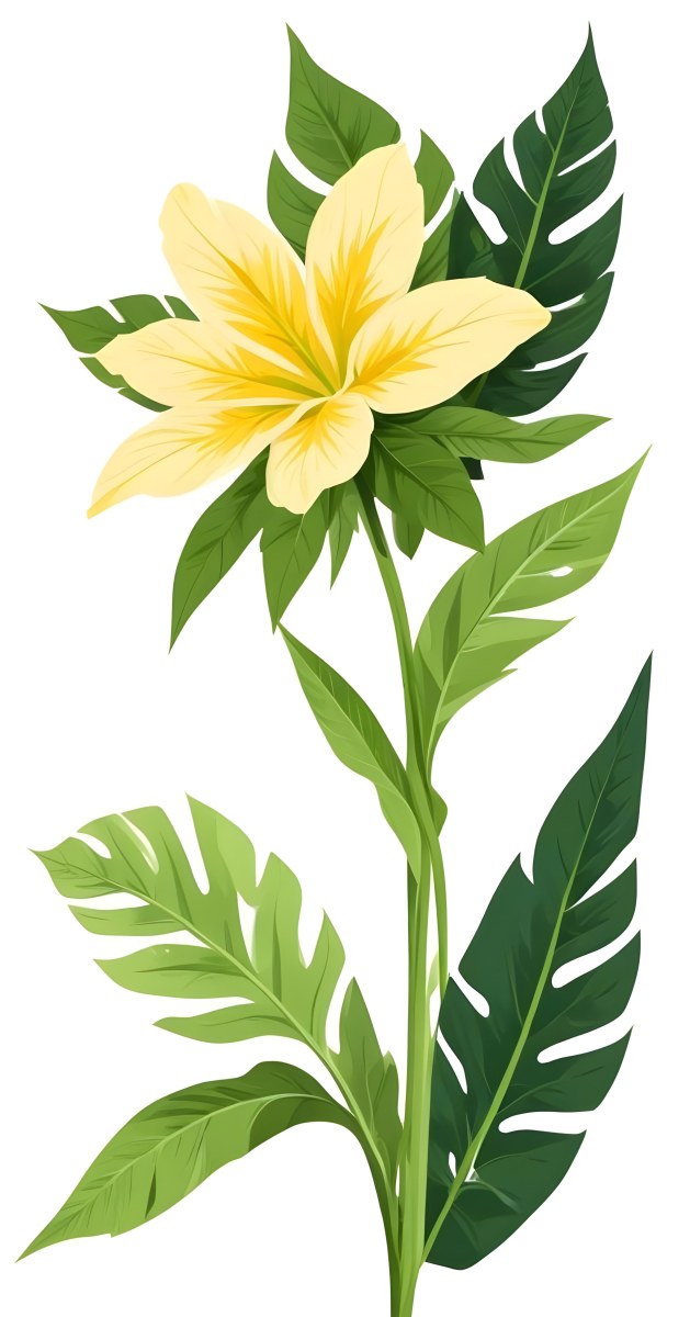 A Large Yellow And Green Flower With Long Green Leaves Likely A Tulip Or Similar Flower The Flower Has A Vibrant Detailed Appearance With Intricate Petals And A Prominent Center The Background 88 42fe