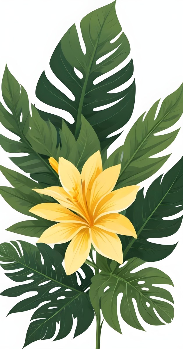 A Large Yellow And Green Flower With Long Green Leaves Likely A Tulip Or Similar Flower The Flower Has A Vibrant Detailed Appearance With Intricate Petals And A Prominent Center The Background 96 3df1