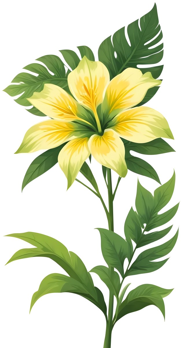 A Large Yellow And Green Flower With Long Green Leaves Likely A Tulip Or Similar Flower The Flower Has A Vibrant Detailed Appearance With Intricate Petals And A Prominent Center The Background 99 2443