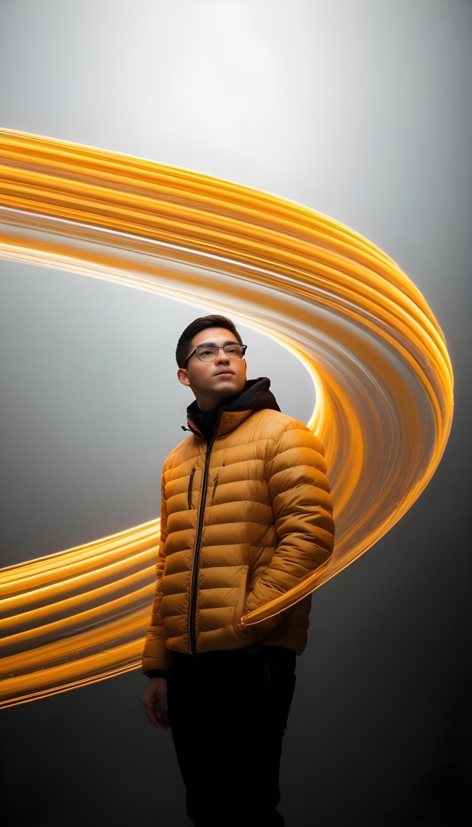 A Latino Man 23 Years Old Short Black Hair Wearing Glasses And A Black Winter Jacket Light Trails In A Black Background 4 B86f