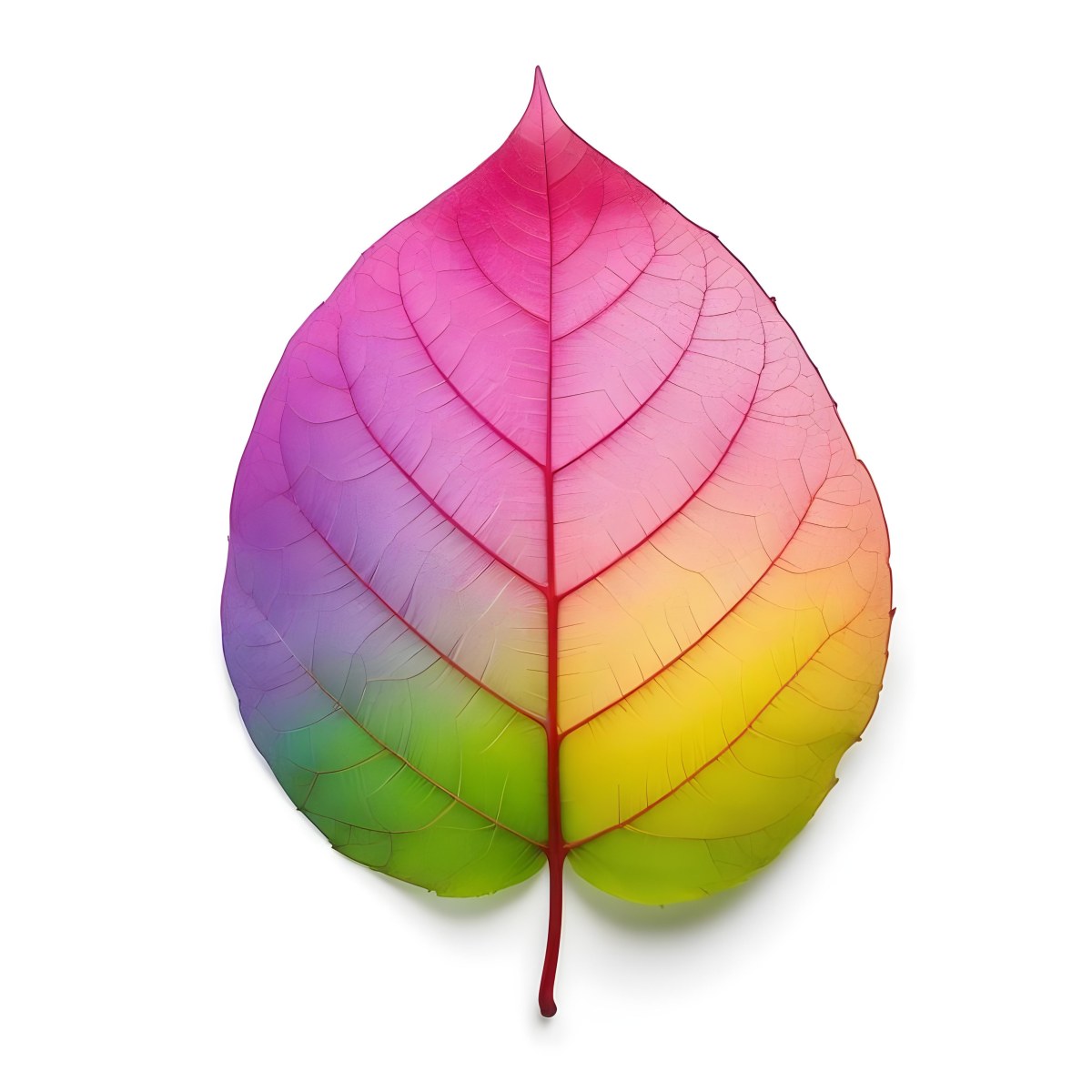 A Leaf With Vibrant Rainbow Colors Transitioning From Pink To Yellow With Detailed Veins Isolated On A Clean White Background Showcasing Its Unique And Colorful Appearance 59 7d8d