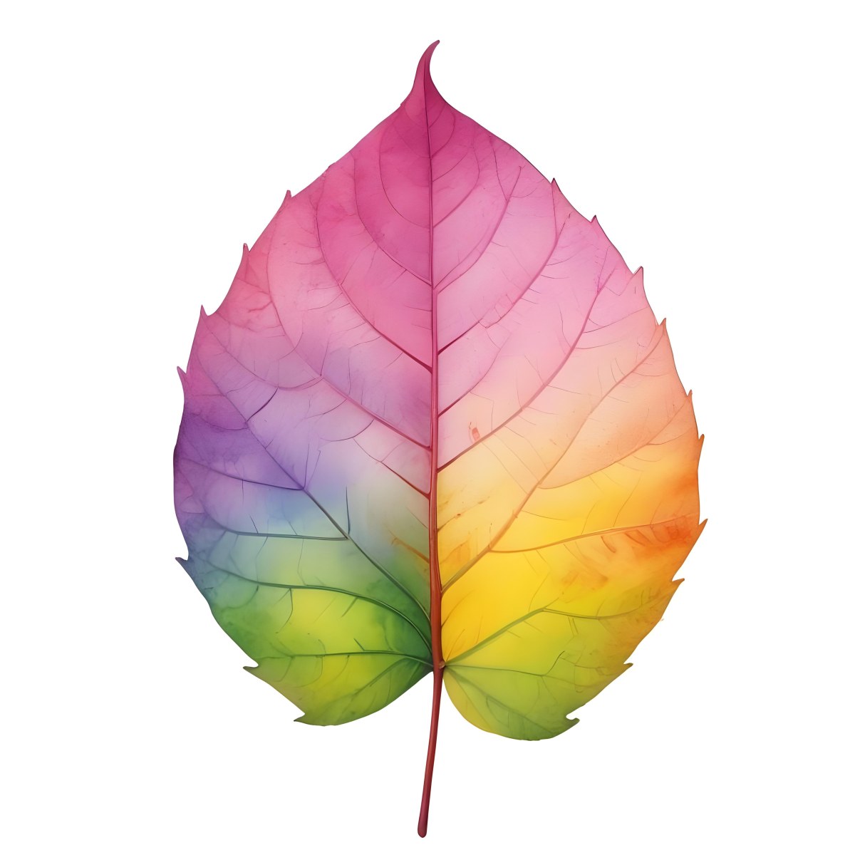 A Leaf With Vibrant Rainbow Colors Transitioning From Pink To Yellow With Detailed Veins Isolated On A Clean White Background Showcasing Its Unique And Colorful Appearance 6 1a57