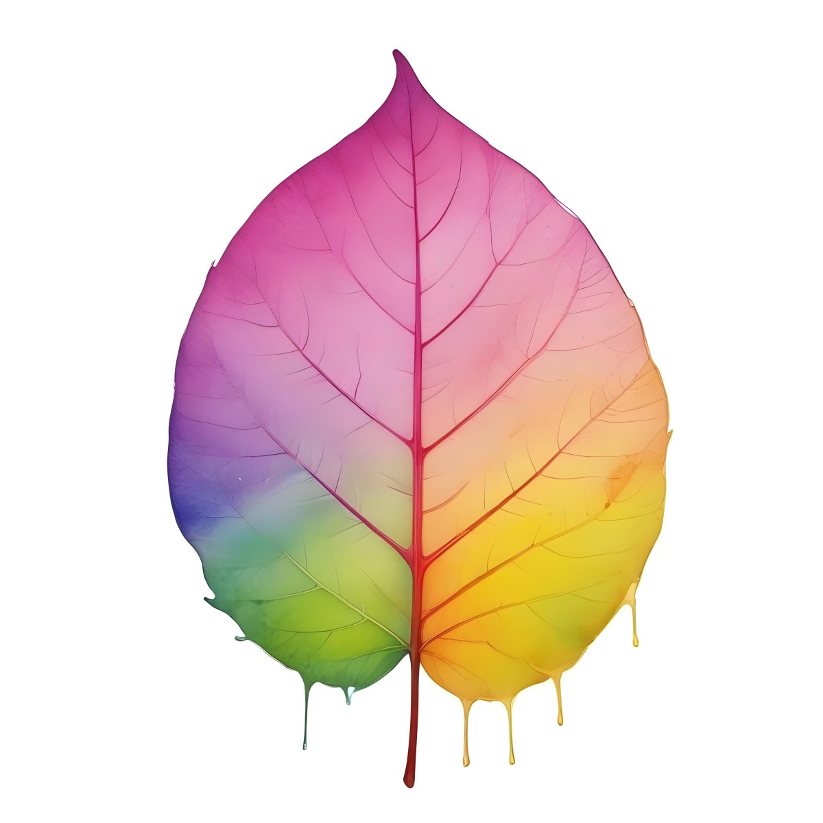 A Leaf With Vibrant Rainbow Colors Transitioning From Pink To Yellow With Detailed Veins Isolated On A Clean White Background Showcasing Its Unique And Colorful Appearance 9 055e