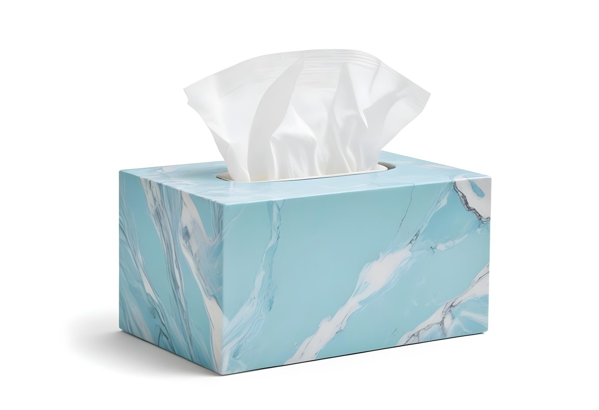 A Light Blue Tissue Box With A Marble Pattern Filled With White Tissues Sitting On A White Surface With A White Background 3 D82d