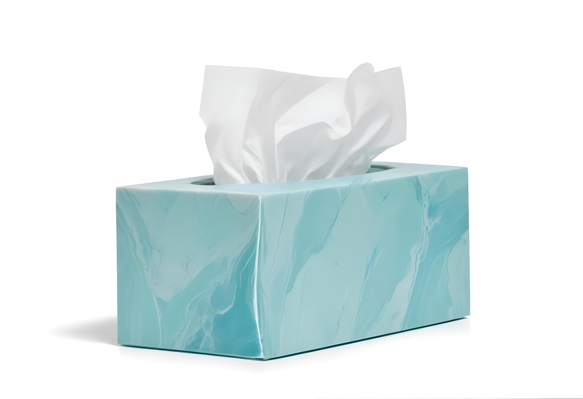 A Light Blue Tissue Box With A Marble Pattern Filled With White Tissues Sitting On A White Surface With A White Background 5 Ba2e