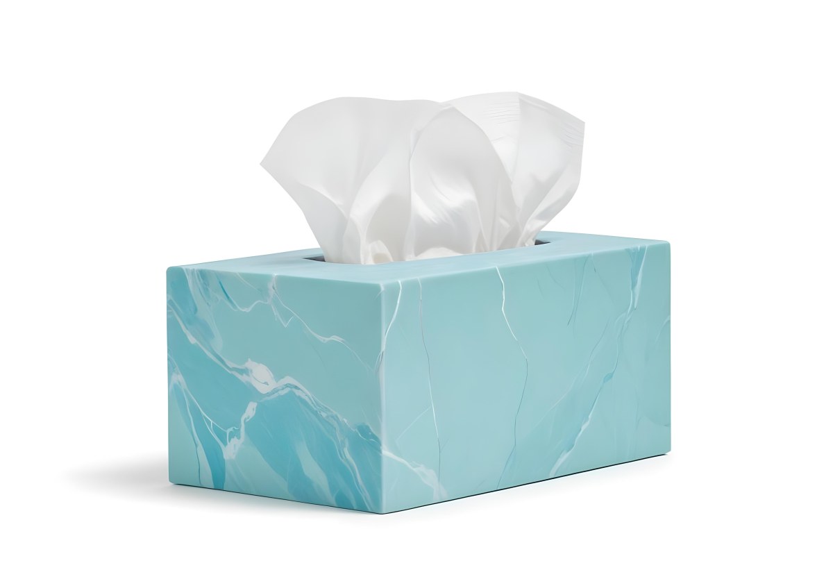 A Light Blue Tissue Box With A Marble Pattern Filled With White Tissues Sitting On A White Surface With A White Background 7 41a8