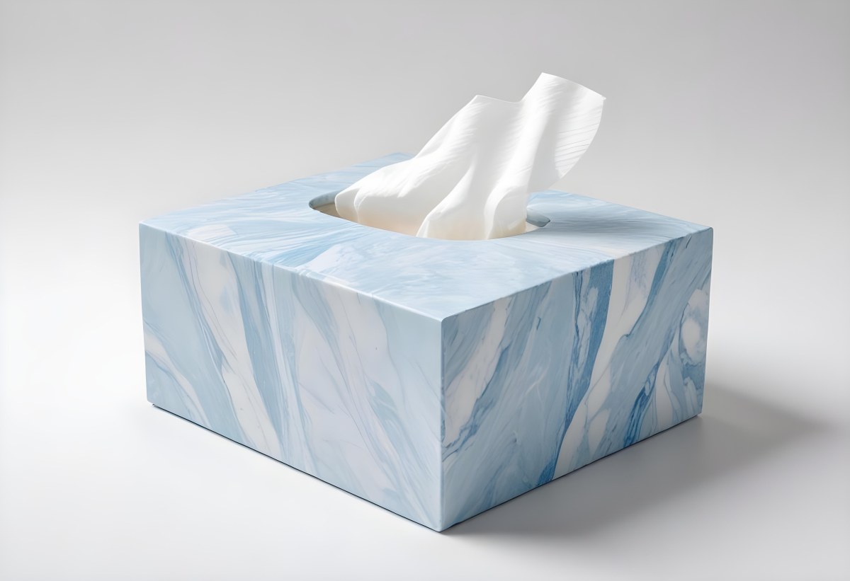 A Light Blue Tissue Box With A Marble Pattern Filled With White Tissues Sitting On A White Surface With A White Background 8 C8f5