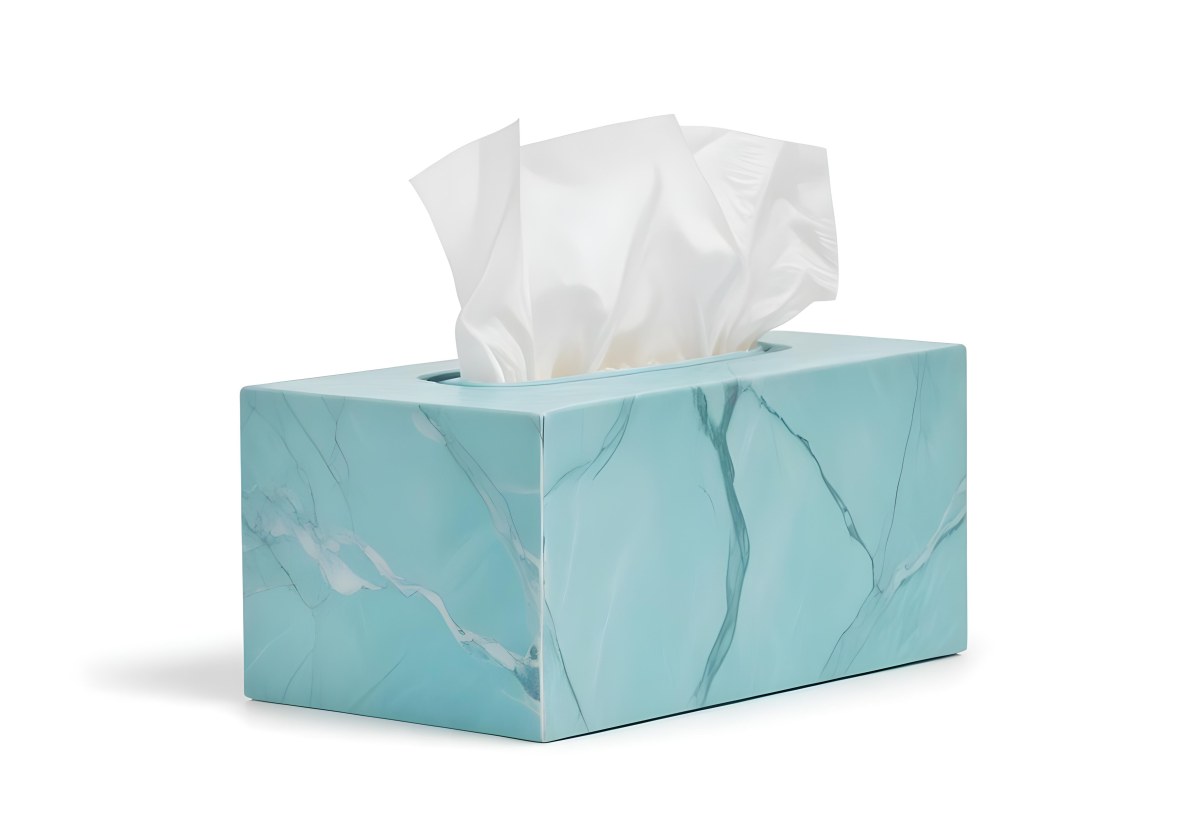 A Light Blue Tissue Box With A Marble Pattern Filled With White Tissues Sitting On A White Surface With A White Background 9 9f7f