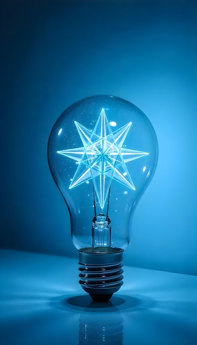 A Light Bulb With A Blue Glow Intricate Geometric Patterns Inside Casting A Soft Speckled Light On A Blue Background Creating A Sense Of Innovation 11 6831