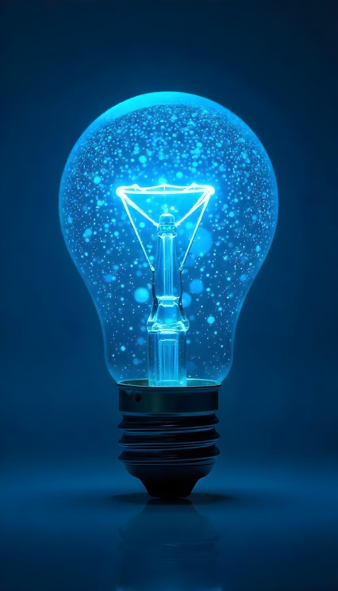 A Light Bulb With A Blue Glow Intricate Geometric Patterns Inside Casting A Soft Speckled Light On A Blue Background Creating A Sense Of Innovation 26 167c