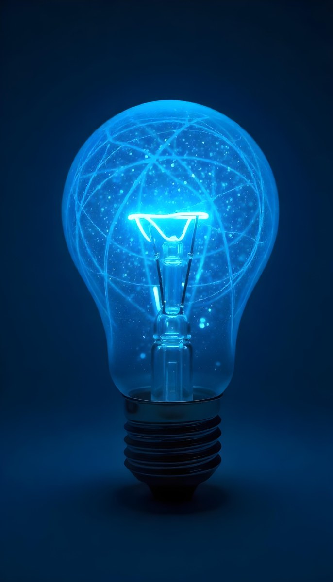 A Light Bulb With A Blue Glow Intricate Geometric Patterns Inside Casting A Soft Speckled Light On A Blue Background Creating A Sense Of Innovation 3 24cd