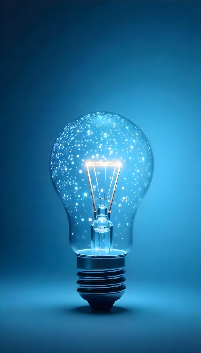A Light Bulb With A Blue Glow Intricate Geometric Patterns Inside Casting A Soft Speckled Light On A Blue Background Creating A Sense Of Innovation 31 D098