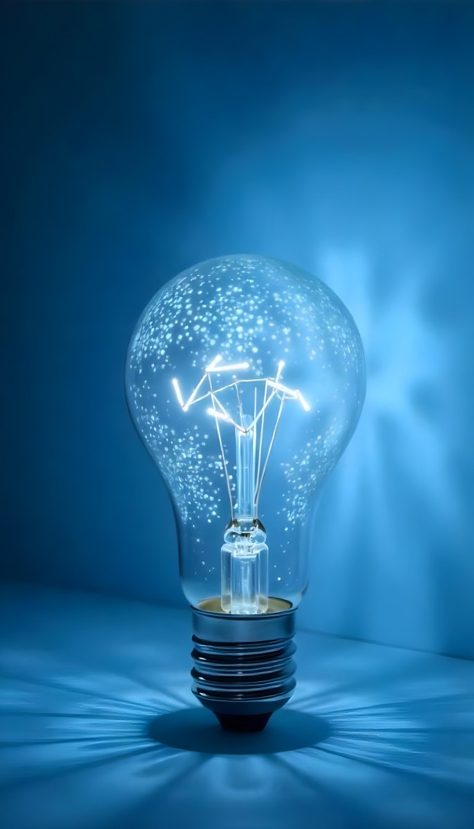 A Light Bulb With A Blue Glow Intricate Geometric Patterns Inside Casting A Soft Speckled Light On A Blue Background Creating A Sense Of Innovation 32 08f3