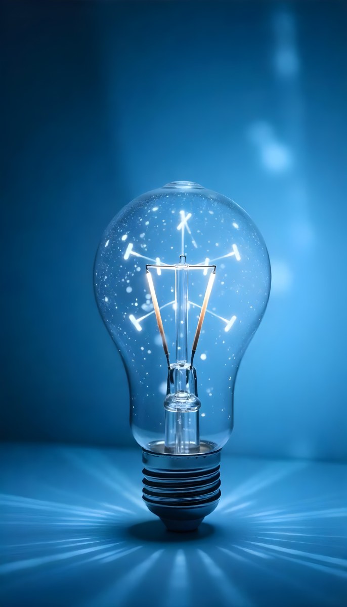 A Light Bulb With A Blue Glow Intricate Geometric Patterns Inside Casting A Soft Speckled Light On A Blue Background Creating A Sense Of Innovation 34 5437