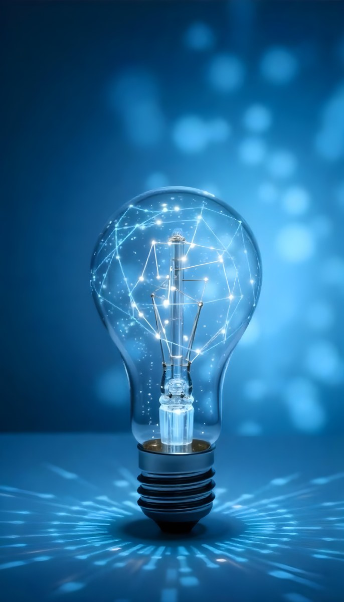 A Light Bulb With A Blue Glow Intricate Geometric Patterns Inside Casting A Soft Speckled Light On A Blue Background Creating A Sense Of Innovation 4 Bfea