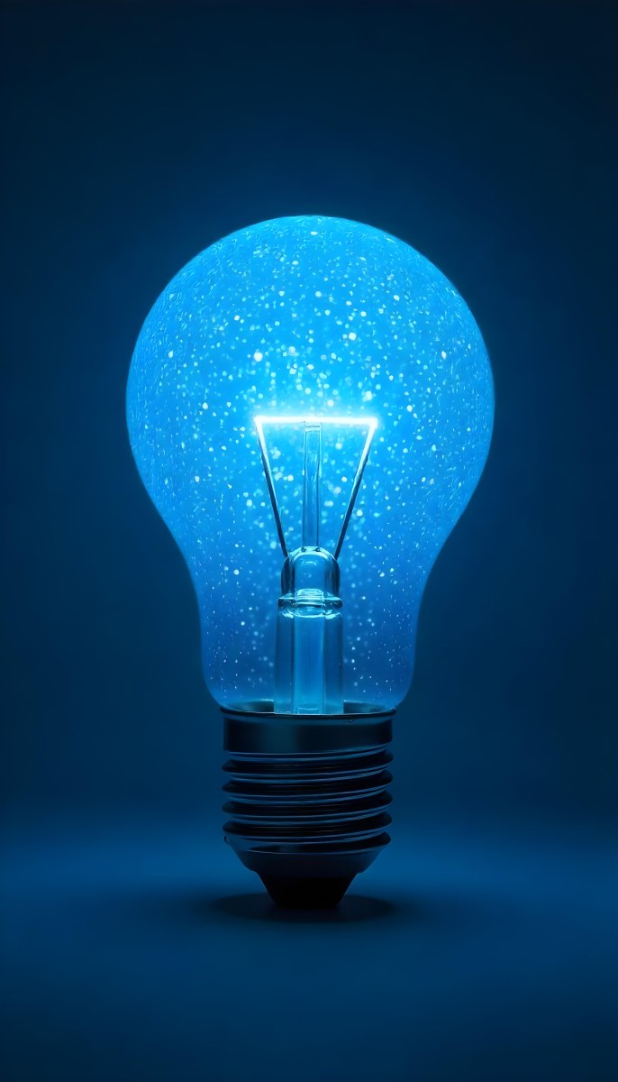 A Light Bulb With A Blue Glow Intricate Geometric Patterns Inside Casting A Soft Speckled Light On A Blue Background Creating A Sense Of Innovation 5 521f