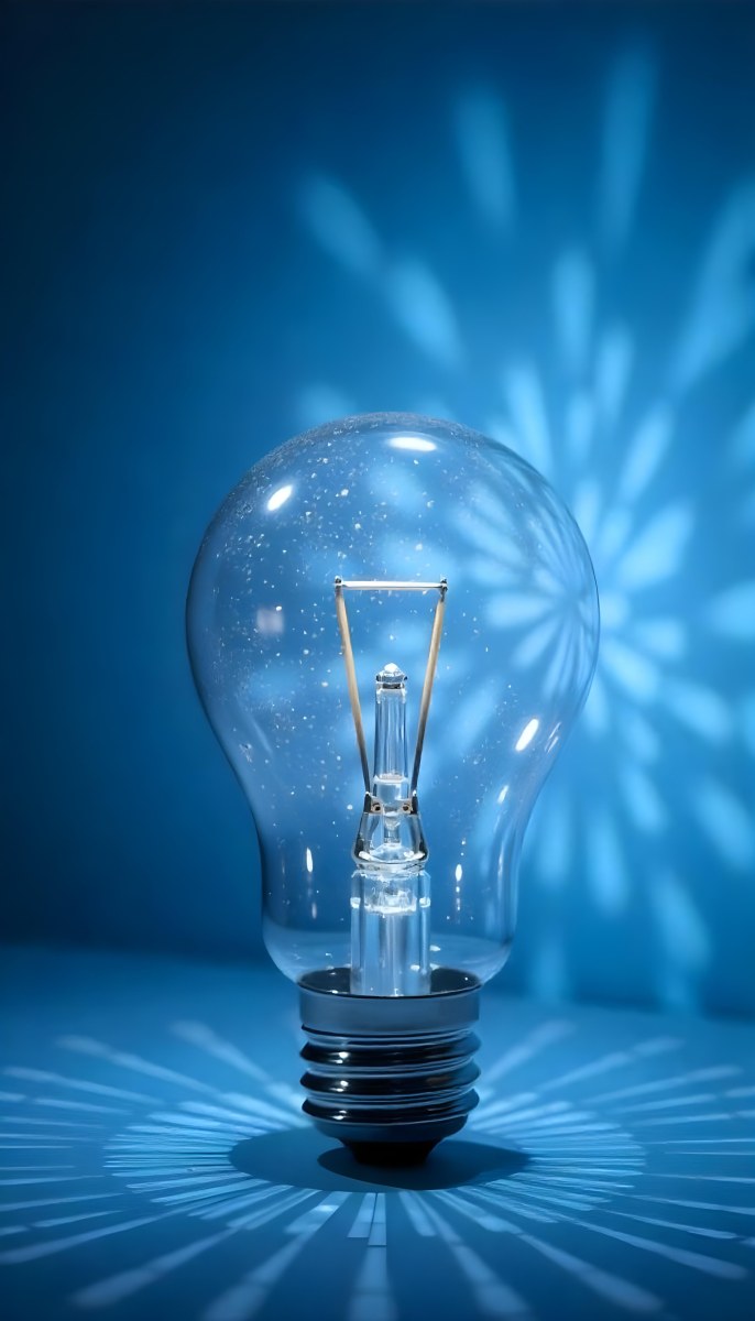 A Light Bulb With A Blue Glow Intricate Geometric Patterns Inside Casting A Soft Speckled Light On A Blue Background Creating A Sense Of Innovation 6 Baf1