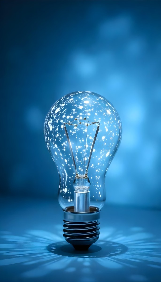 A Light Bulb With A Blue Glow Intricate Geometric Patterns Inside Casting A Soft Speckled Light On A Blue Background Creating A Sense Of Innovation 8 Bb88