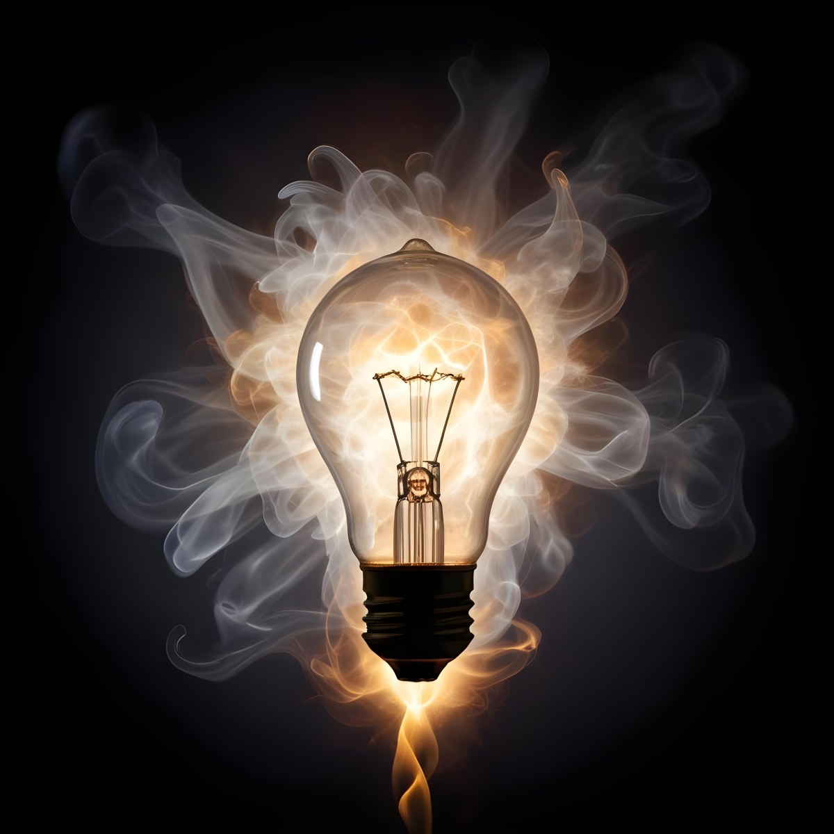 A Light Bulb With A Filament Inside Emitting A Bright Warm Glow Surrounded By Wisps Of Smoke And Light Trails On A Bright Background 11 6a9a