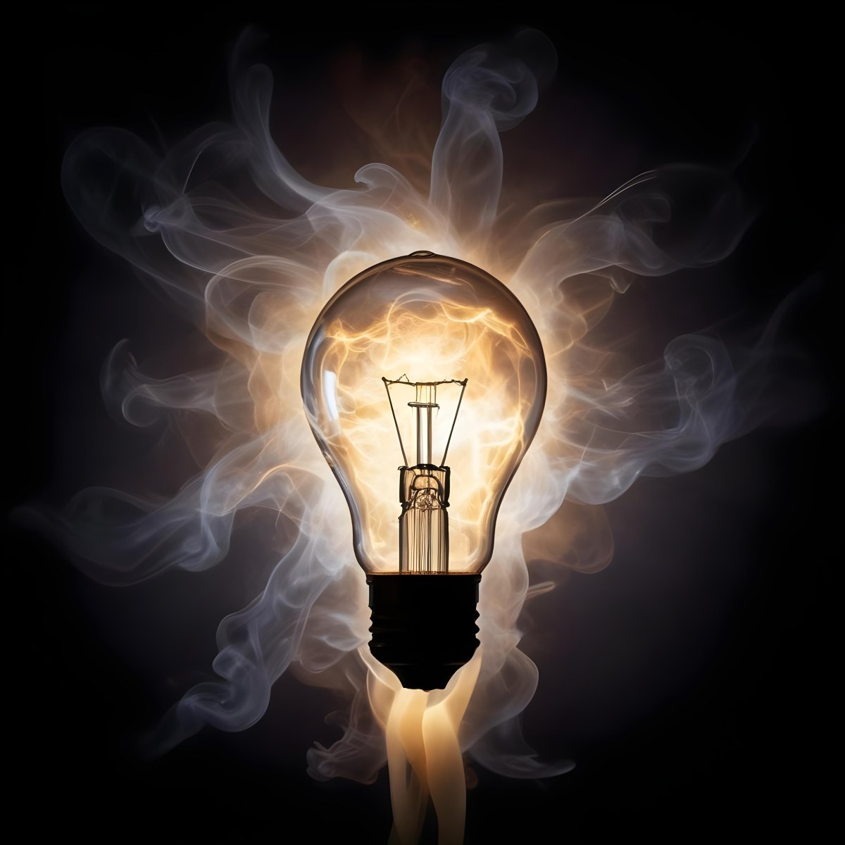 A Light Bulb With A Filament Inside Emitting A Bright Warm Glow Surrounded By Wisps Of Smoke And Light Trails On A Bright Background 13 33b5