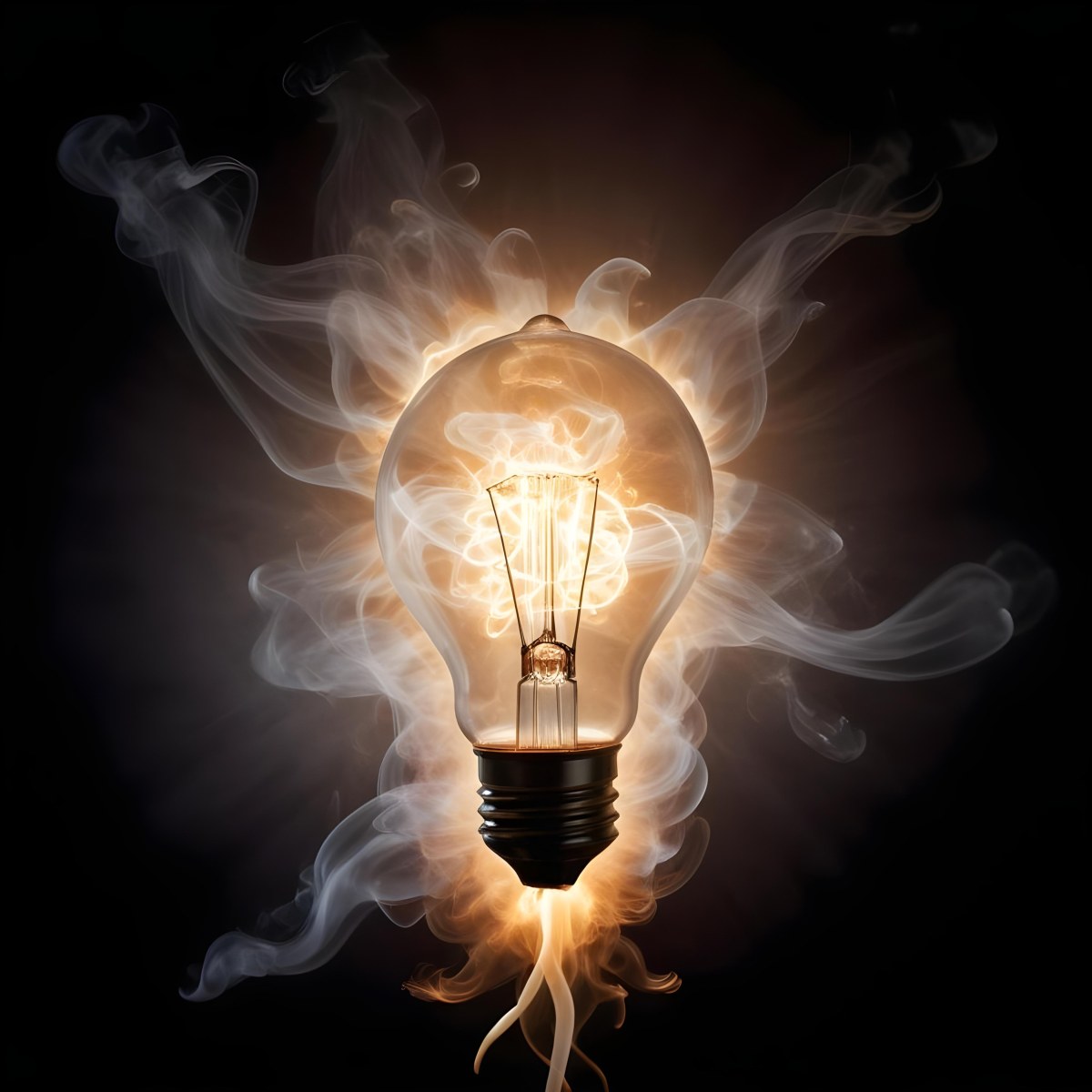 A Light Bulb With A Filament Inside Emitting A Bright Warm Glow Surrounded By Wisps Of Smoke And Light Trails On A Bright Background 23 9a3b