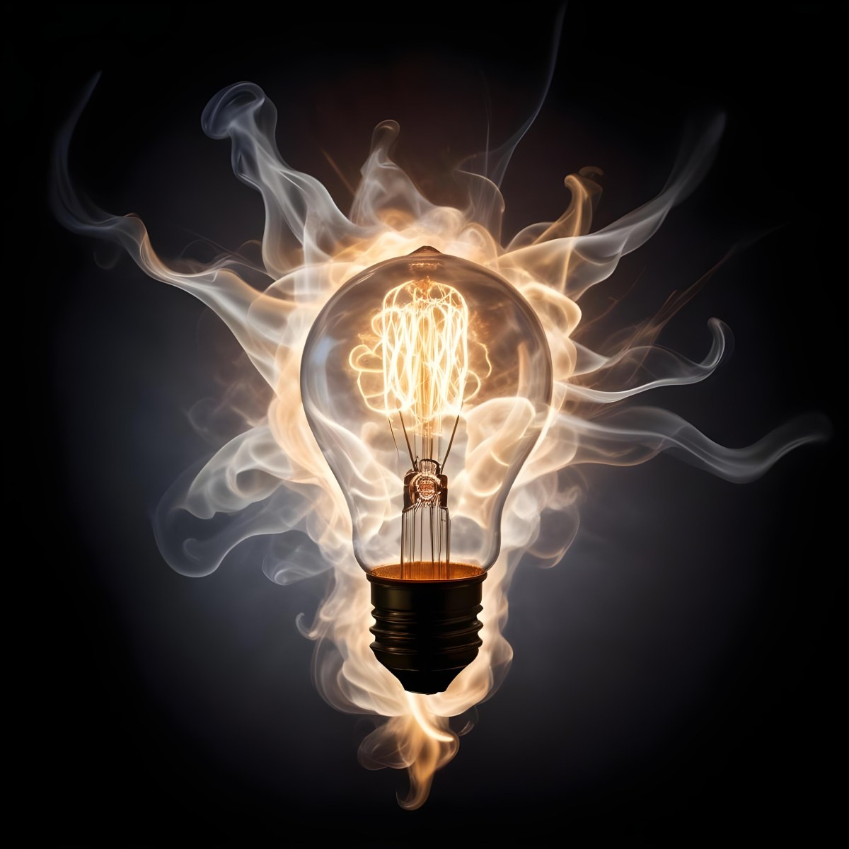 A Light Bulb With A Filament Inside Emitting A Bright Warm Glow Surrounded By Wisps Of Smoke And Light Trails On A Bright Background 26 85d7