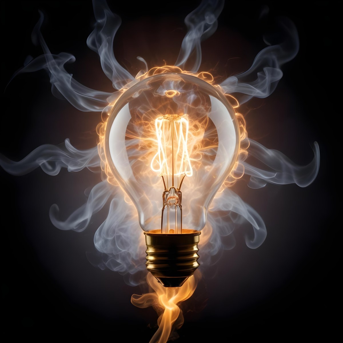 A Light Bulb With A Filament Inside Emitting A Bright Warm Glow Surrounded By Wisps Of Smoke And Light Trails On A Bright Background 27 7013